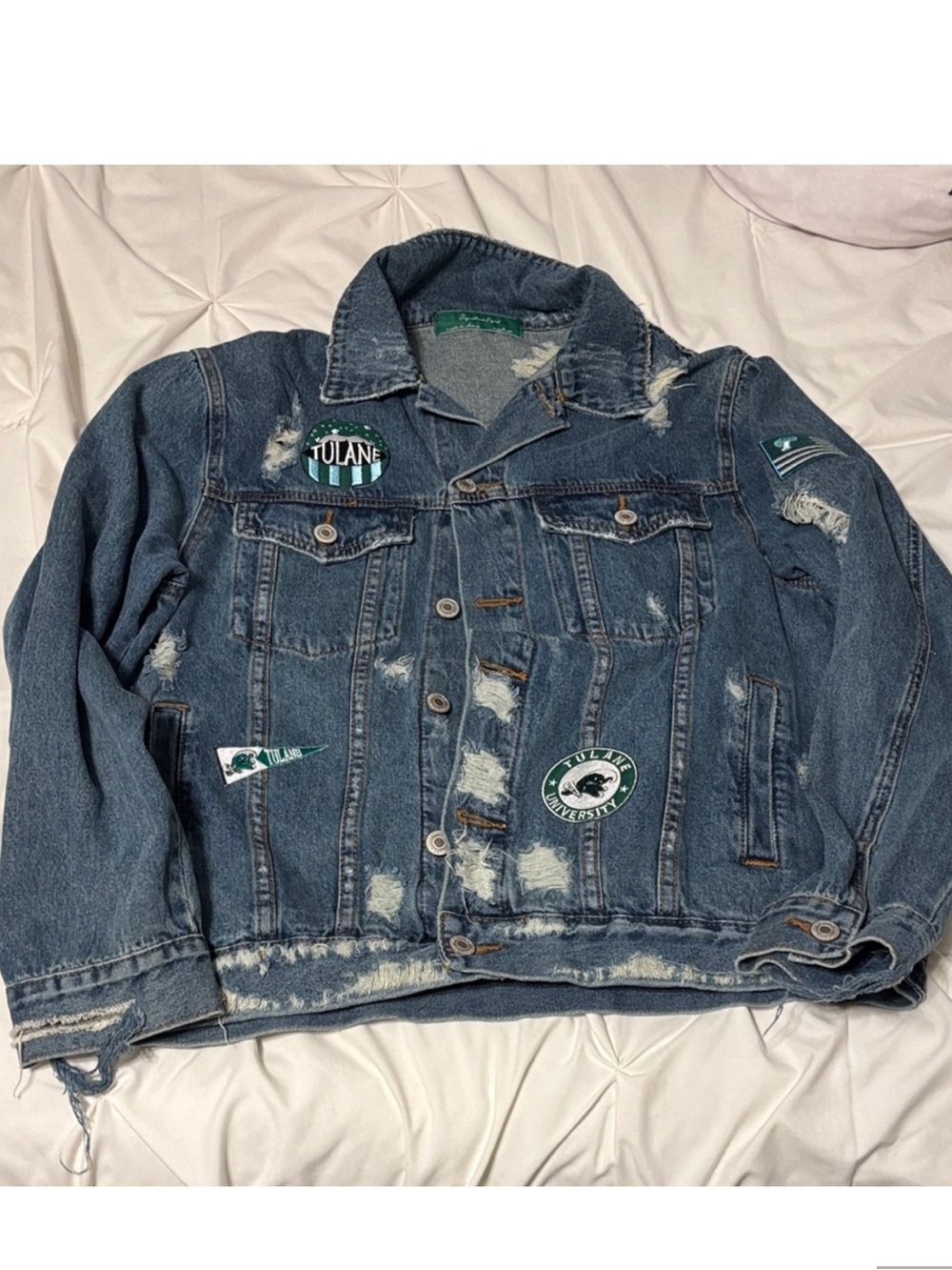 Distressed Blue Denim Jean Jacket with Tulane Patches